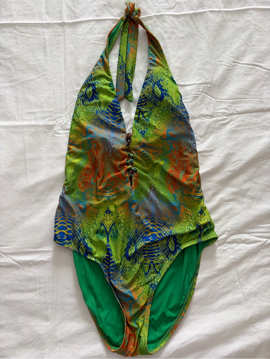 Green Patterned Halter One-Piece Swimsuit